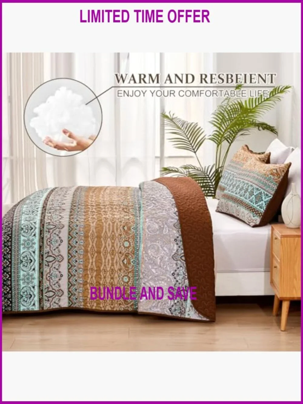 Queen Size Quilt Set, Lightweight Microfiber, Bohemian Pattern, All Season - Picture 3 of 7